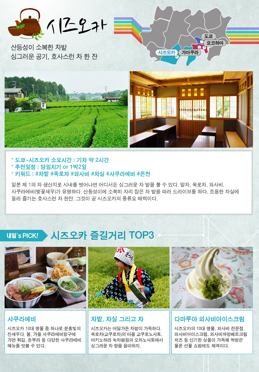 시즈오카-산등성이 소복한 차밭, 싱그러운 공기, 호사스런 차 한잔